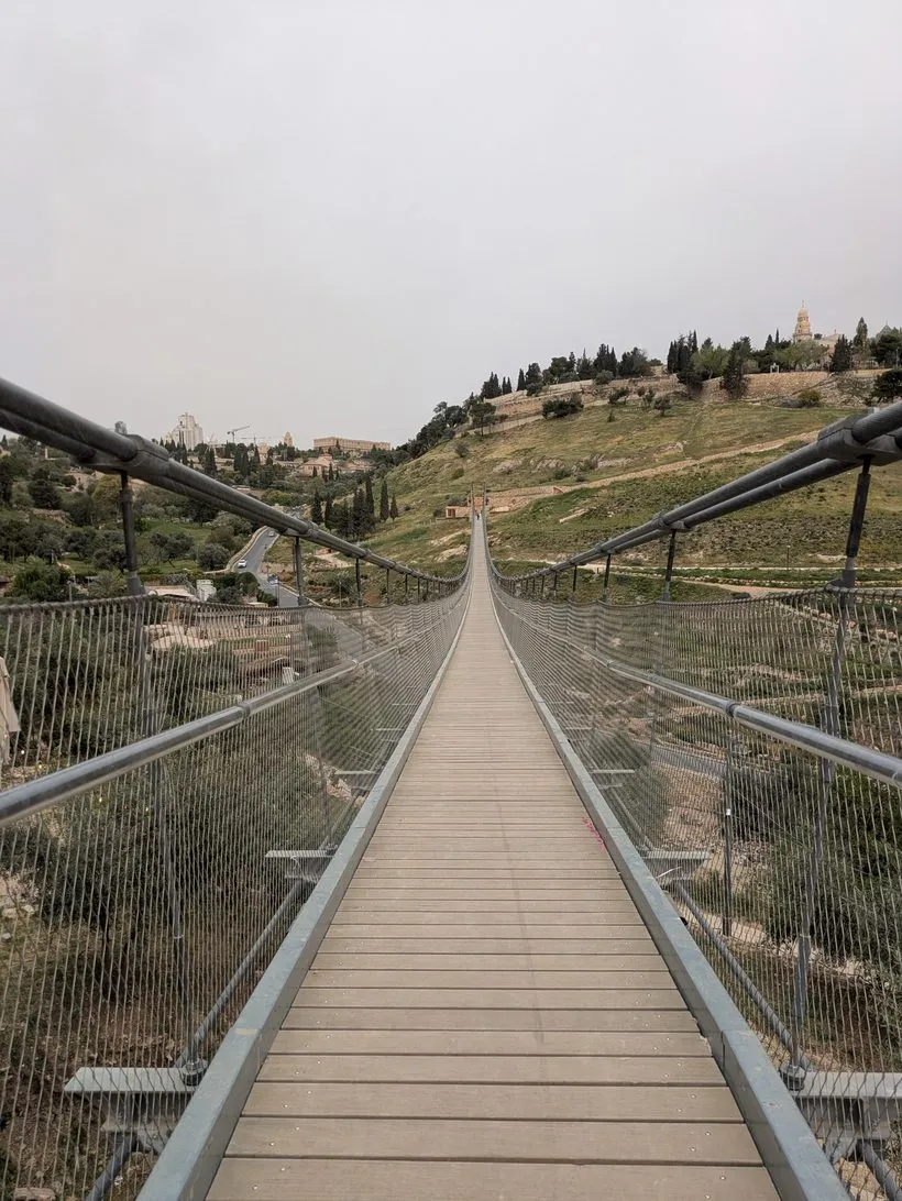 The suspension bridge over the Hinnom Valley, looking toward Mount Zion